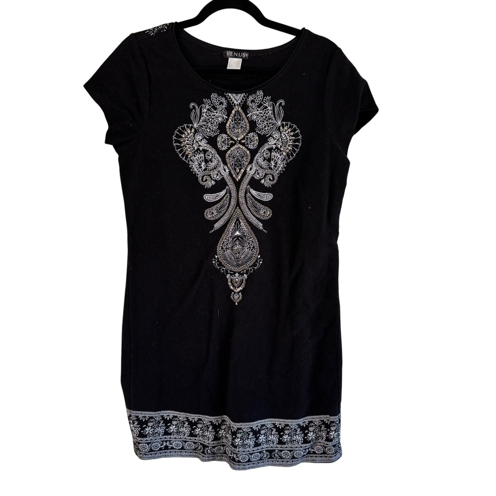 Venus Mini Dress Embellished Paisley Print Black Short Sleeve S